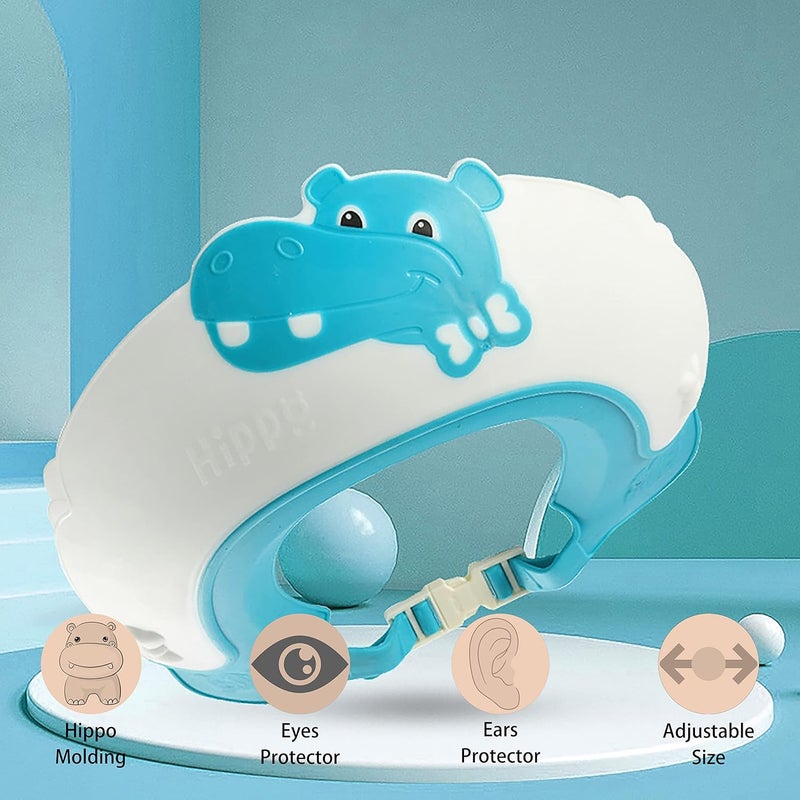 Thcbme Baby Shower Cap Shield, Shower Cap for Kids, Visor Hat for Eye and Ear Protection for 0-9 Years Old Children,Cute Dinosaur/Crocodile/Hippo shape Makes the Baby Bath More Fun (Hippo, Blue) - Image 3